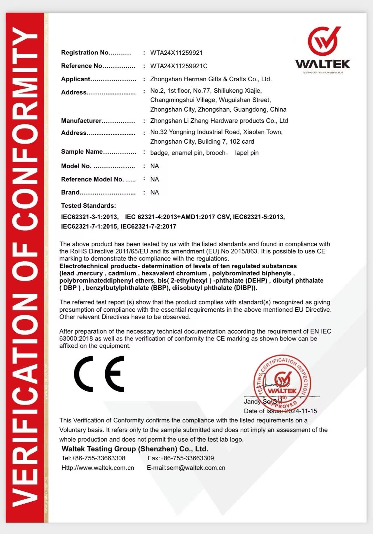 Original Waltek verification of conformity WTA24X11259921 displaying the CE mark