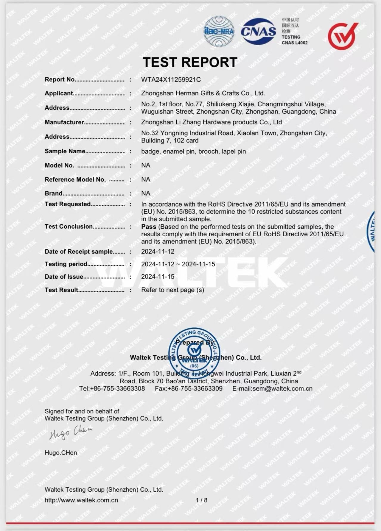 Original Waltek RoHS test report WTA24X11259921C, page 1 of 8