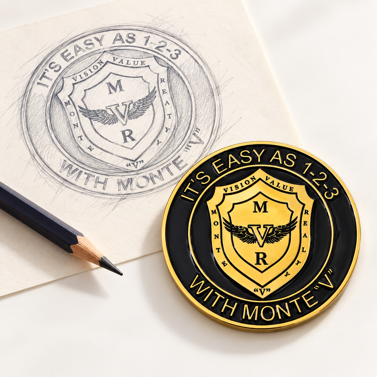 AI concept illustration of a pencil idea and a finished coin based on an actual Herman product